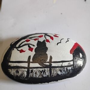 Hand-Painted Cat on Fence Decorative Stone
